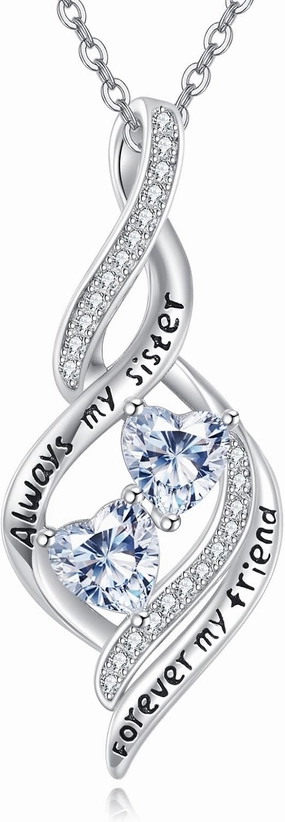 AOBOCO Sister Necklaces 925 Sterling Silver Always My Sister Forever My Friends Double Love Heart Pendant for Friends Mom Mother's Day Gifts