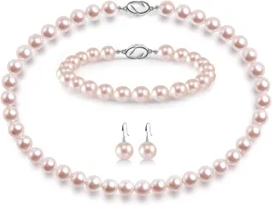 AOOVOO Pearl Necklace Set for Women, 8mm Round Shell Pearl Includes Stunning Bracelet and Dangle Earrings 3 Piece Jewelry, Birthday Christmas Gift for Mom Wife Sister Best Friend, Gift Box