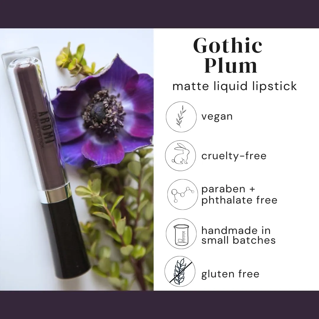 Aromi Black Plum Matte Liquid Lipstick, Dark Midnight Lip Color, Vegan and Cruelty-free, Long-lasting and Opaque Lipstick (Gothic Plum)