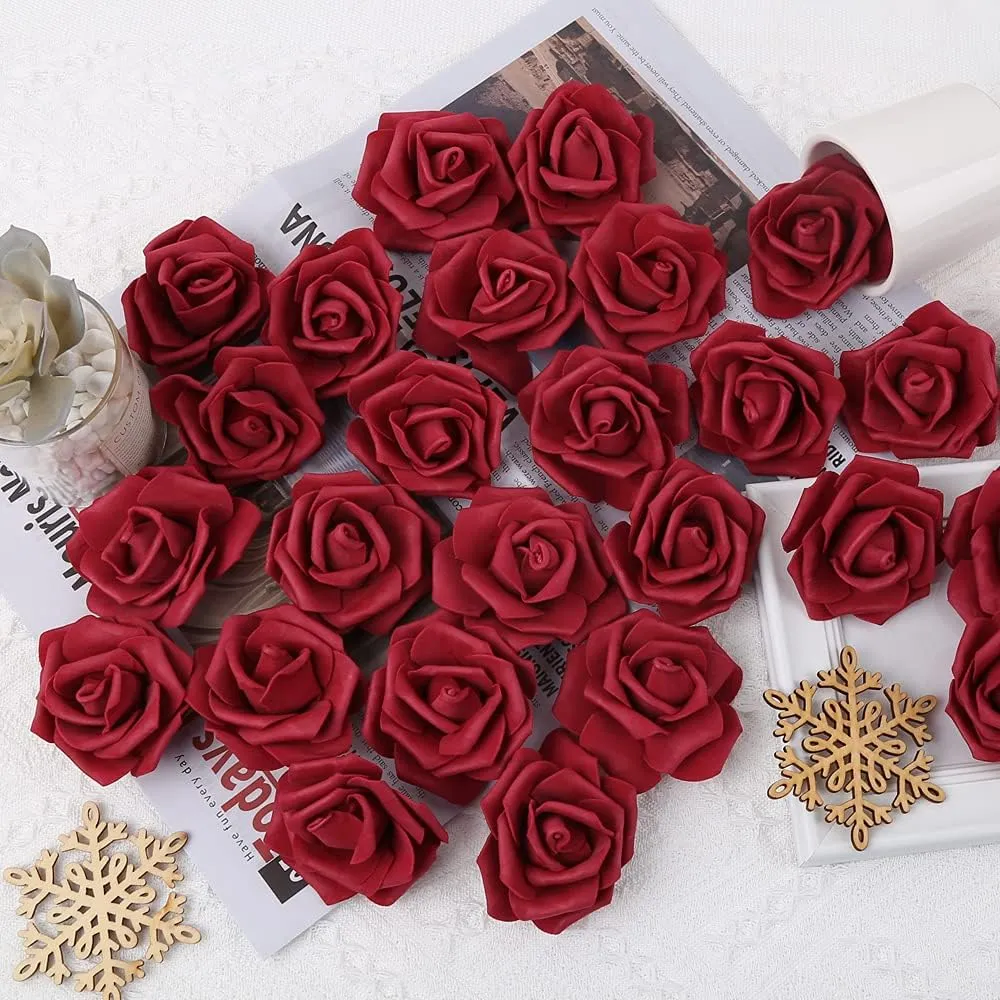 Artificial Rose Flower Heads, INSUNSIX 100pcs Burgundy Fake Roses Artificial Flower Foam Rose Heads for DIY Wedding Bouquets Centerpieces Arrangements Party Baby Shower Home Decor (Stemless, Burgundy)