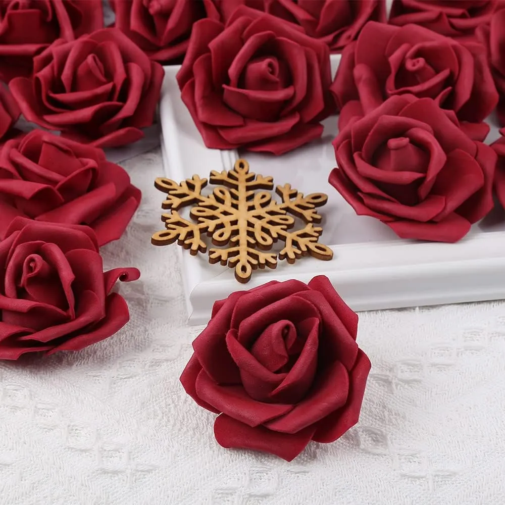Artificial Rose Flower Heads, INSUNSIX 100pcs Burgundy Fake Roses Artificial Flower Foam Rose Heads for DIY Wedding Bouquets Centerpieces Arrangements Party Baby Shower Home Decor (Stemless, Burgundy)