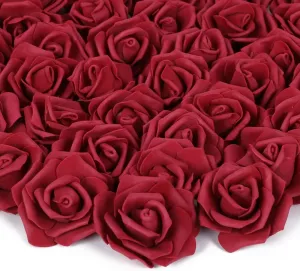 Artificial Rose Flower Heads, INSUNSIX 100pcs Burgundy Fake Roses Artificial Flower Foam Rose Heads for DIY Wedding Bouquets Centerpieces Arrangements Party Baby Shower Home Decor (Stemless, Burgundy)