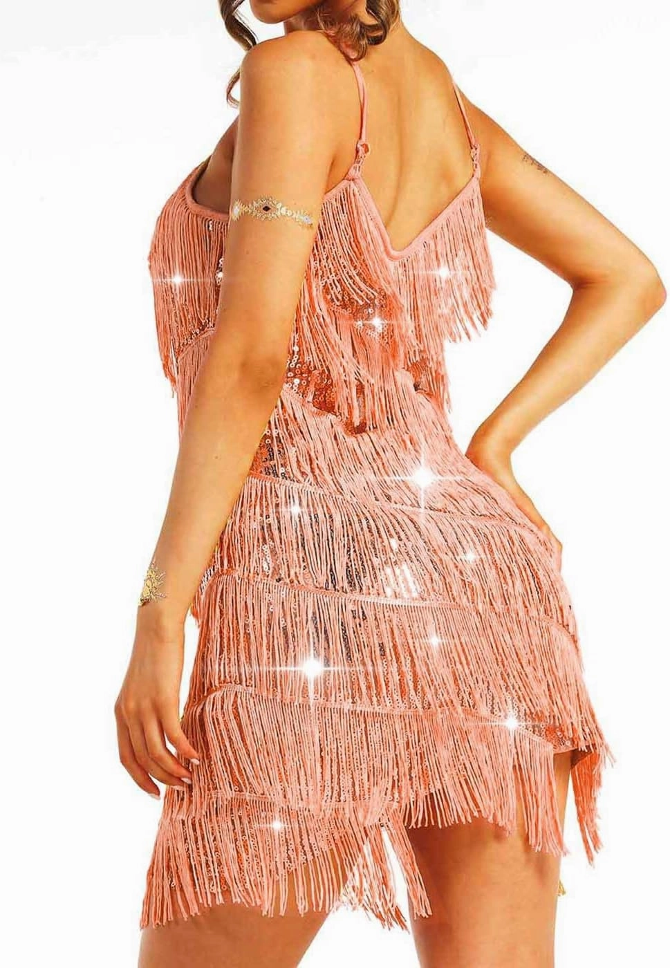 Aukmla Women Sequin Fringe Flapper Mini Dress Spaghetti Strap Latin Dance Tassel Dresses 1920s Dancing Disco Costume
