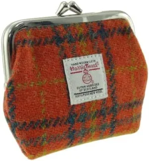 Authentic Harris Tweed Small Clasp Purse - Handcrafted in Scotland - Ladies Gift - Tartan Style & Quality - Compact & Elegant (Deep Orange Check)
