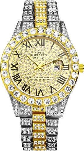 Avaner Stainless Steel Iced Out Watch, Rhinestone Gold Watch, Roman Numerals Analog Quartz Dress Watch for Men