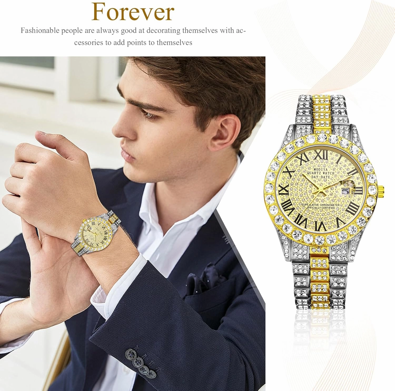 Avaner Stainless Steel Iced Out Watch, Rhinestone Gold Watch, Roman Numerals Analog Quartz Dress Watch for Men