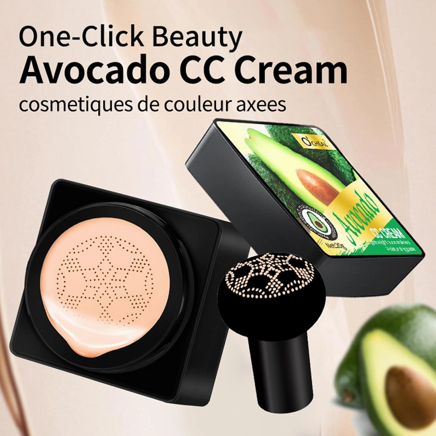 Avocado Mushroom Head Cushion BB Cream - All-in-One Hydrating, Setting, and Concealing BB Cream with Mushroom Sponge Applicator, Full Coverage Foundation, Moisturizing, Contouring (Natural, 20g)