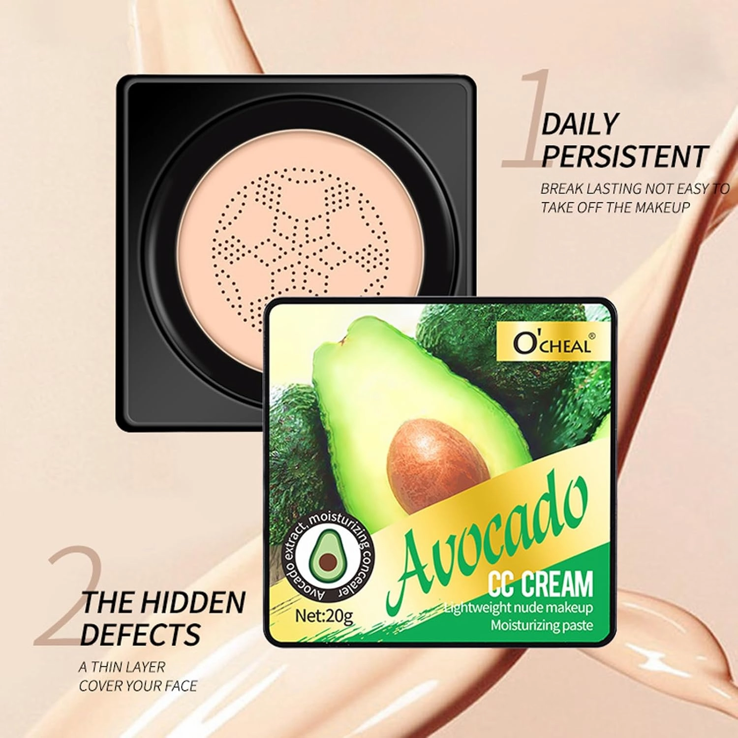 Avocado Mushroom Head Cushion BB Cream - All-in-One Hydrating, Setting, and Concealing BB Cream with Mushroom Sponge Applicator, Full Coverage Foundation, Moisturizing, Contouring (Natural, 20g)