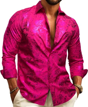 Barry.Wang Men's Disco Dress Shirt Long Sleeve Nightclub Mexico Paisley Floral Shirts Metallic Gothic Shiny Button Down Shirt