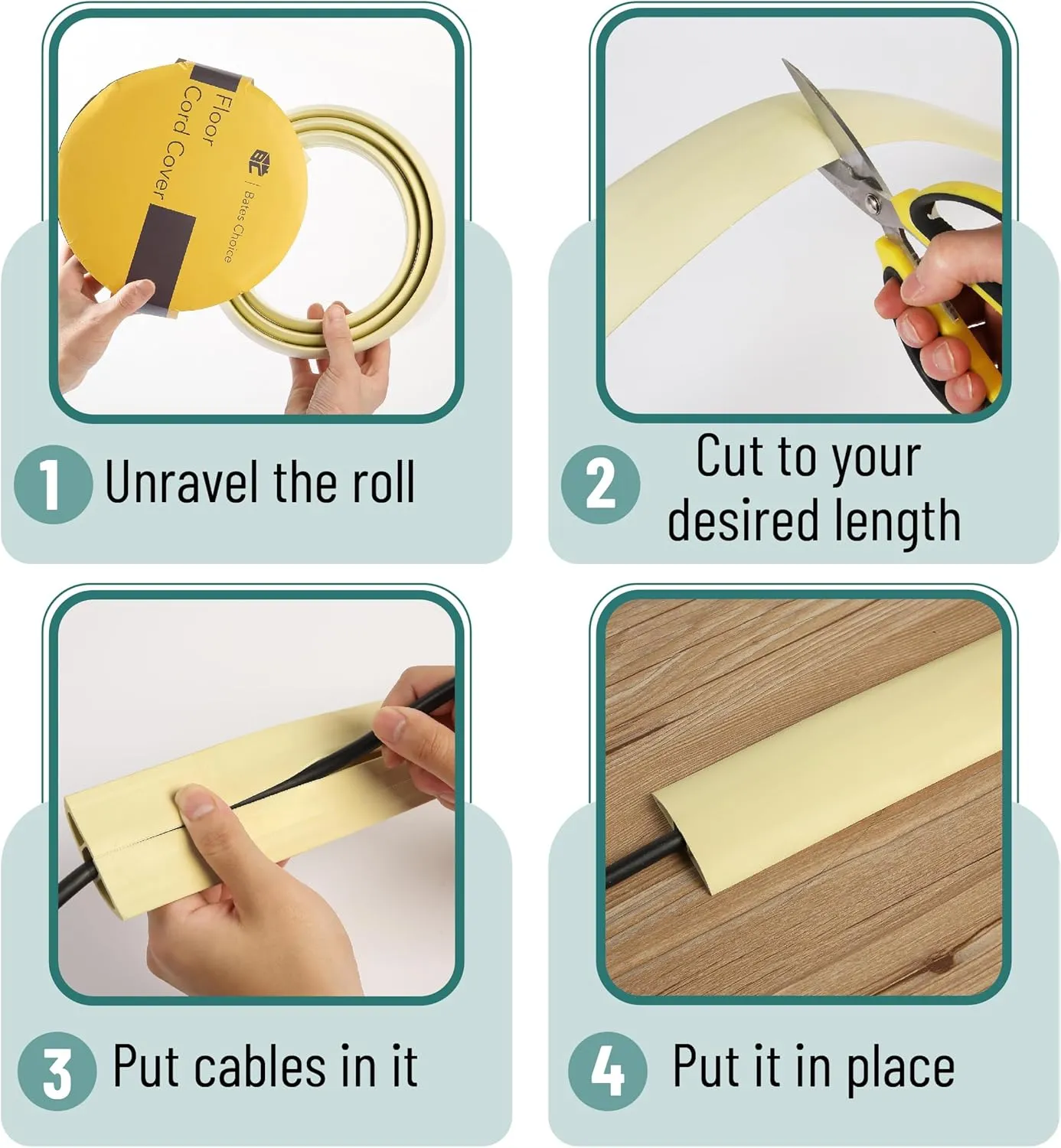 Bates 10ft Floor Cord Cover - Cable Protector and Hider in Cream - Extension Cord Concealer for Floors