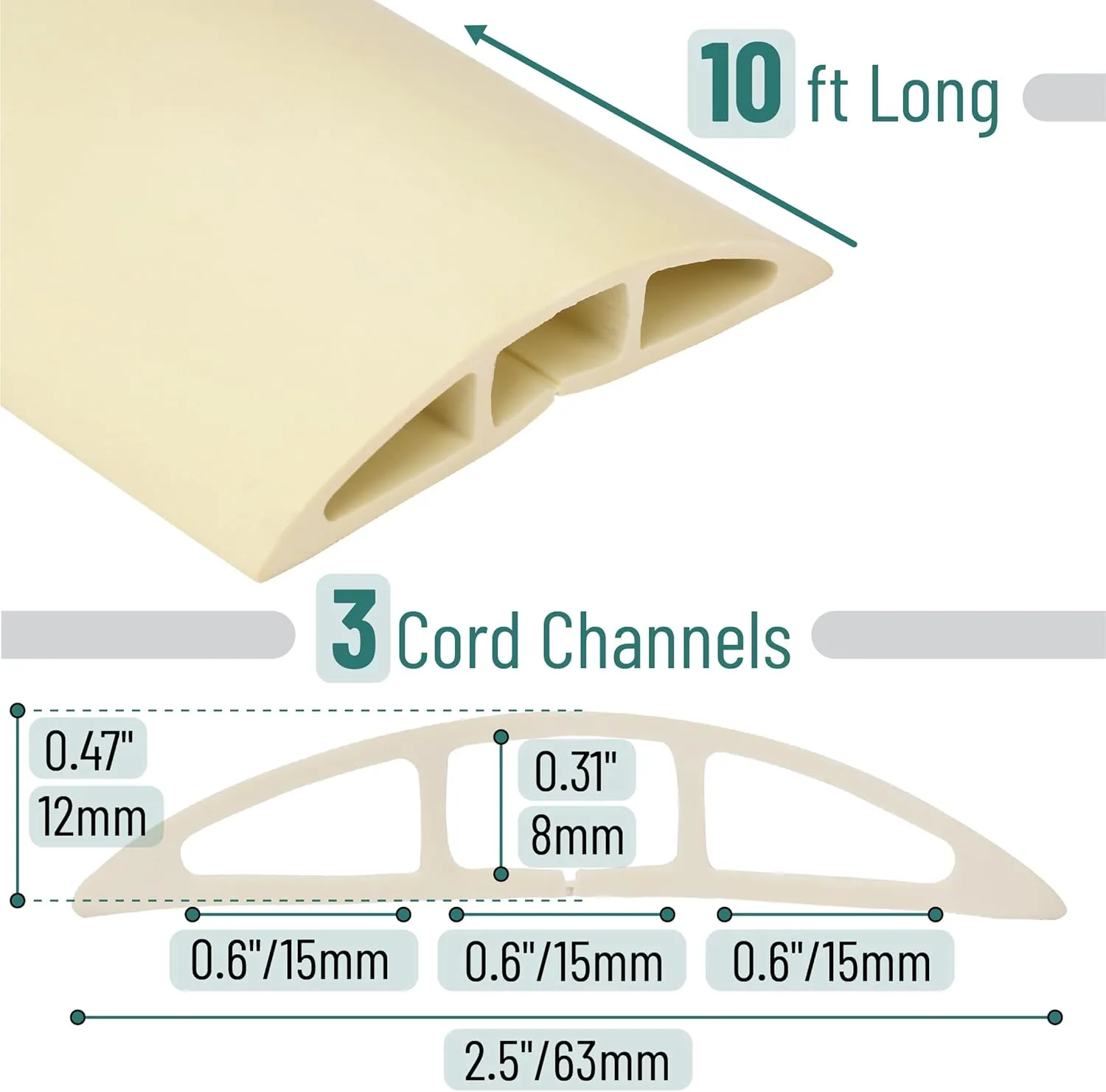 Bates 10ft Floor Cord Cover - Cable Protector and Hider in Cream - Extension Cord Concealer for Floors