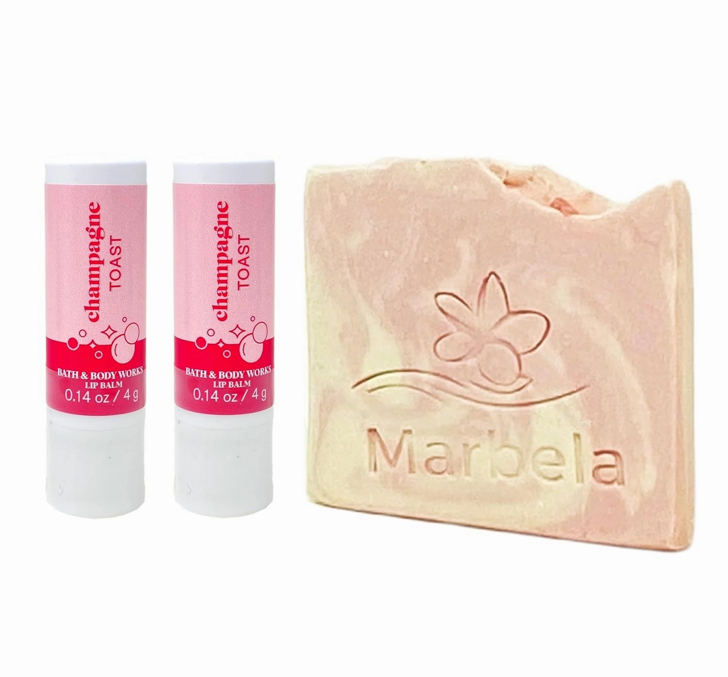 Bath & Body Works Champagne Toast Lip Balm 2 Piece Set with a Himalayan Salts Springs Sample Soap