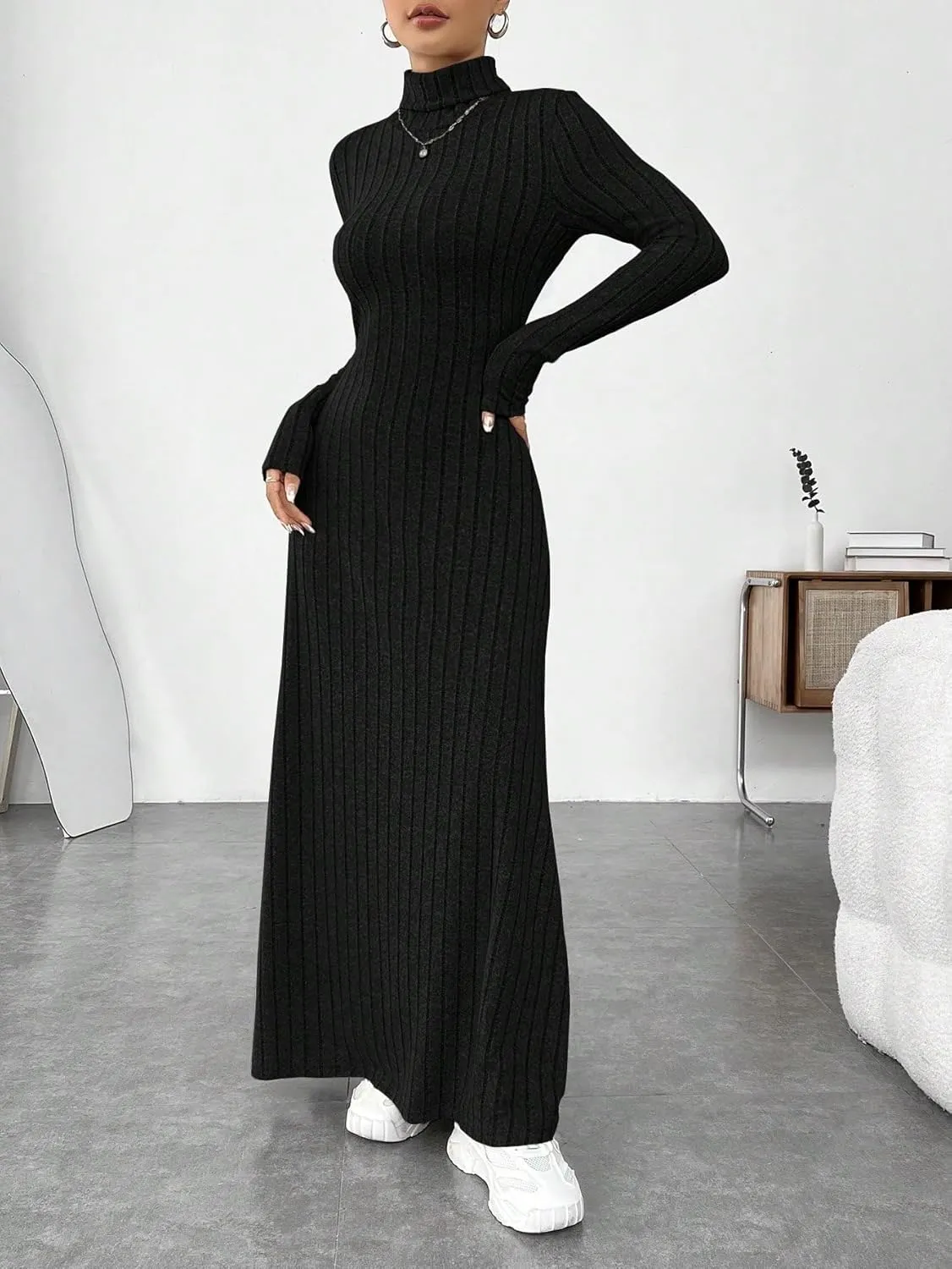 Beach Women's Black Dress High Neck Solid Frosting Ribbed Knit Sweater Dress