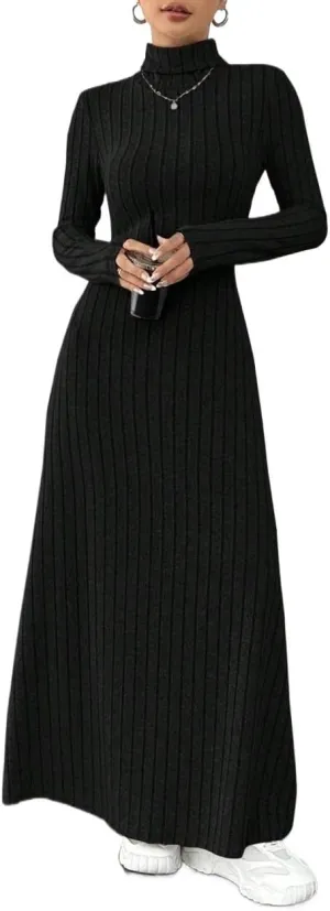 Beach Women's Black Dress High Neck Solid Frosting Ribbed Knit Sweater Dress