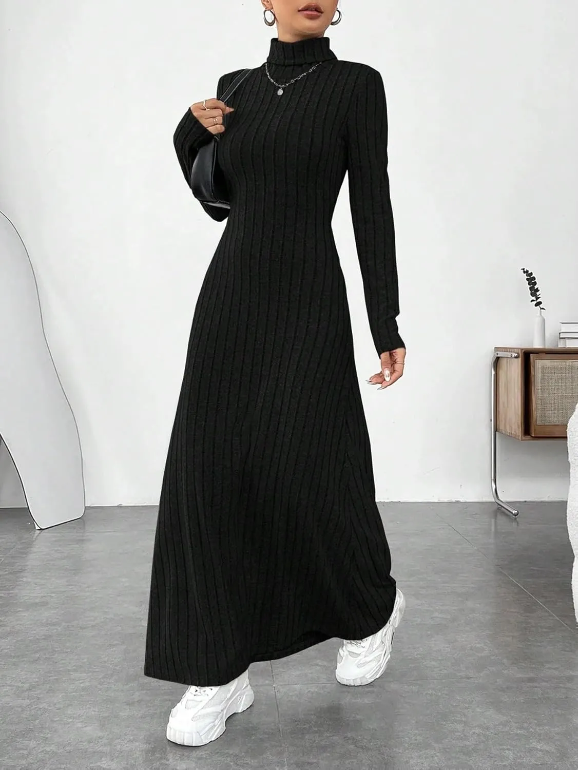 Beach Women's Black Dress High Neck Solid Frosting Ribbed Knit Sweater Dress