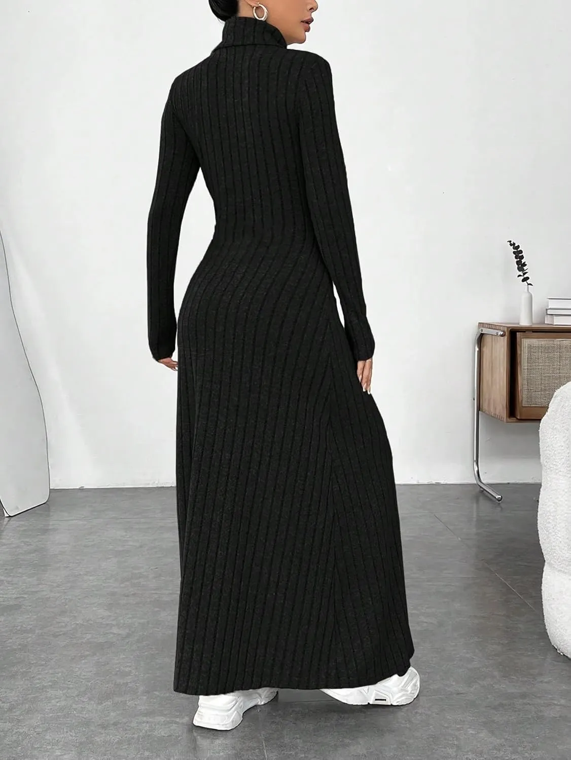 Beach Women's Black Dress High Neck Solid Frosting Ribbed Knit Sweater Dress