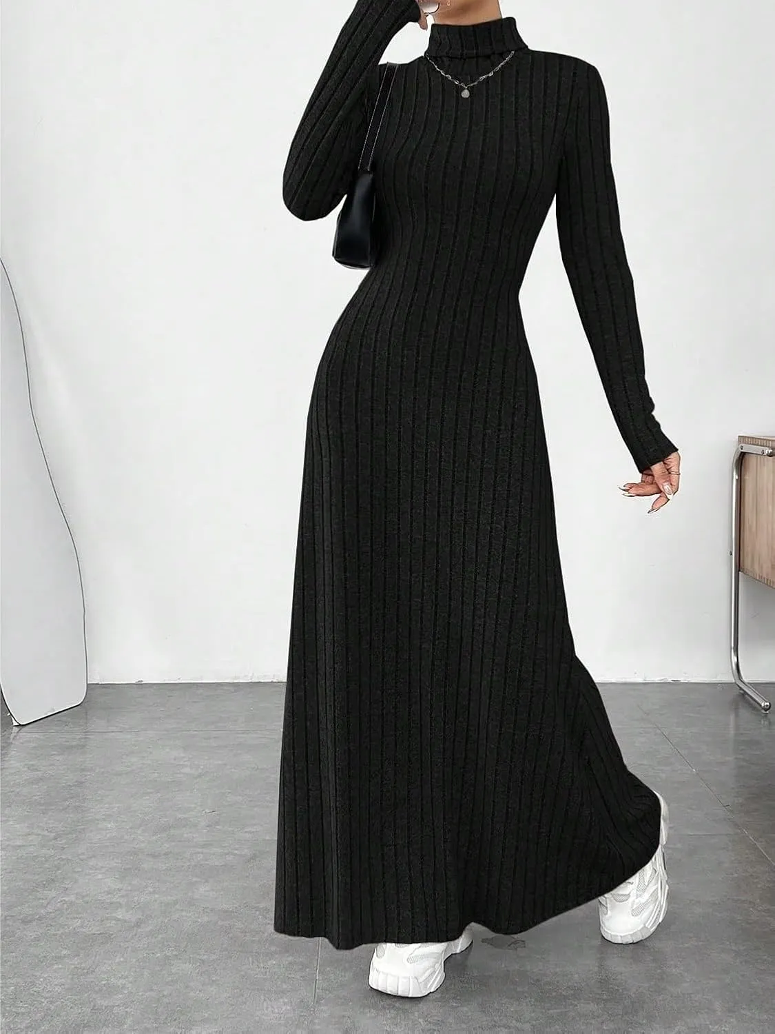 Beach Women's Black Dress High Neck Solid Frosting Ribbed Knit Sweater Dress
