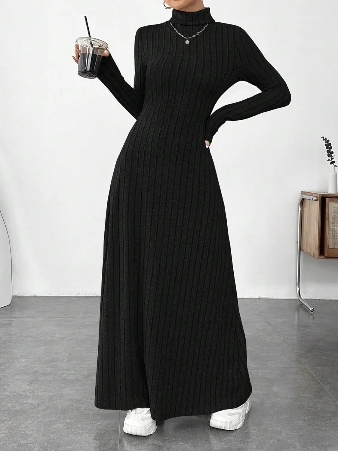 Beach Women's Black Dress High Neck Solid Frosting Ribbed Knit Sweater Dress
