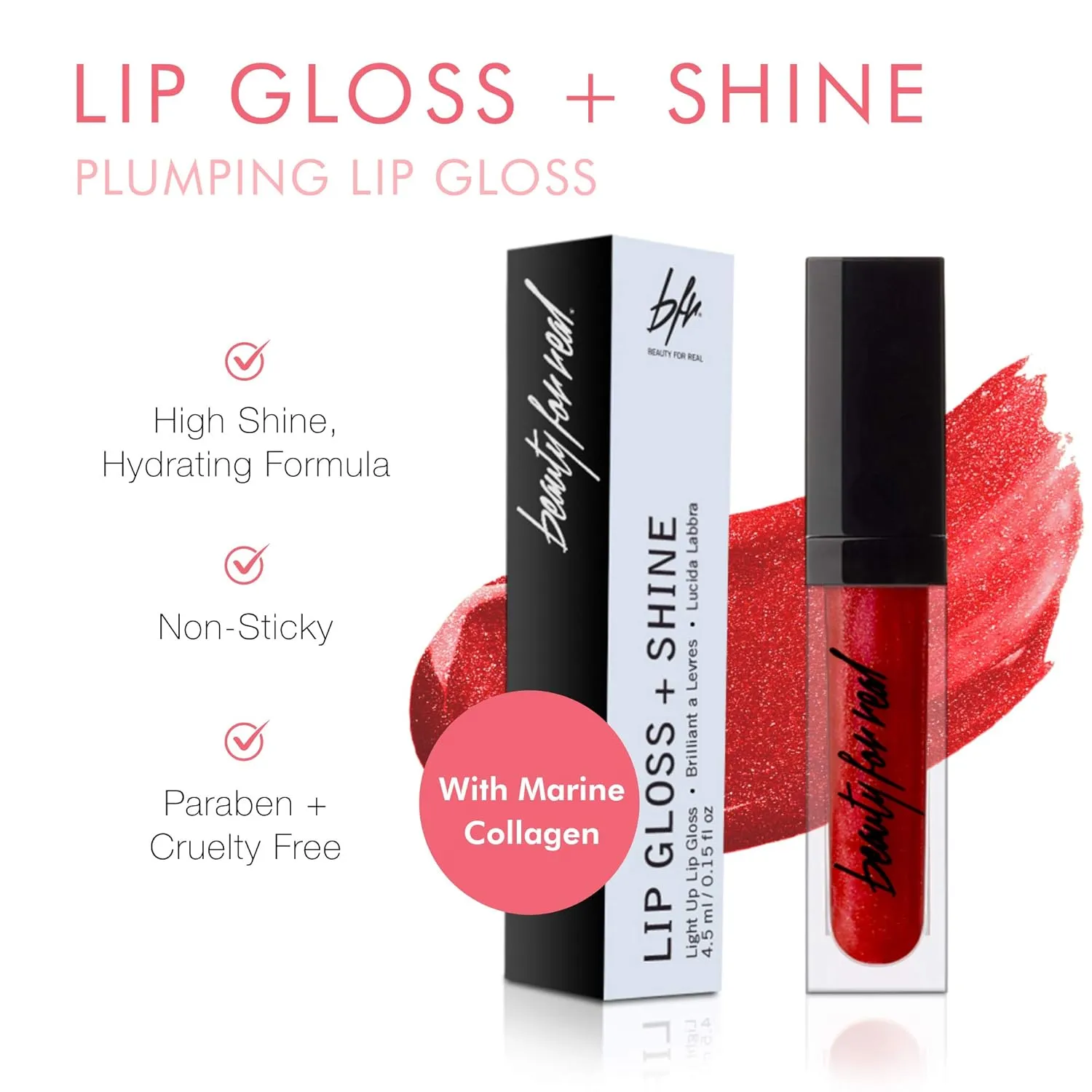 Beauty For Real Lip Gloss   Shine, Light My Fire - Opaque Everyday Red - Non-Sticky Plumping & Hydrating Gloss - Light & Mirror In Cap - Contains Marine Collagen - 0.15 fl oz
