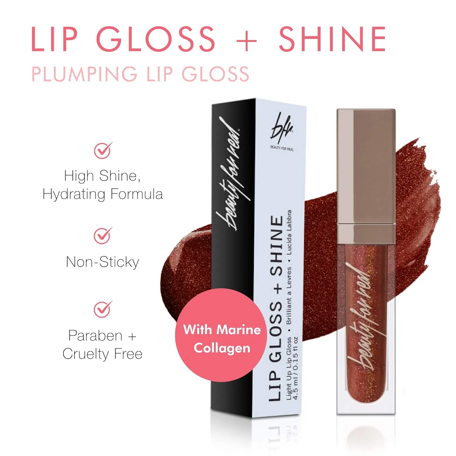 Beauty For Real Lip Gloss   Shine, Rebel Rebel - Deep Maroon Metallic - Non-Sticky Plumping & Hydrating Gloss - Light & Mirror In Cap - Contains Marine Collagen - 0.15 fl oz