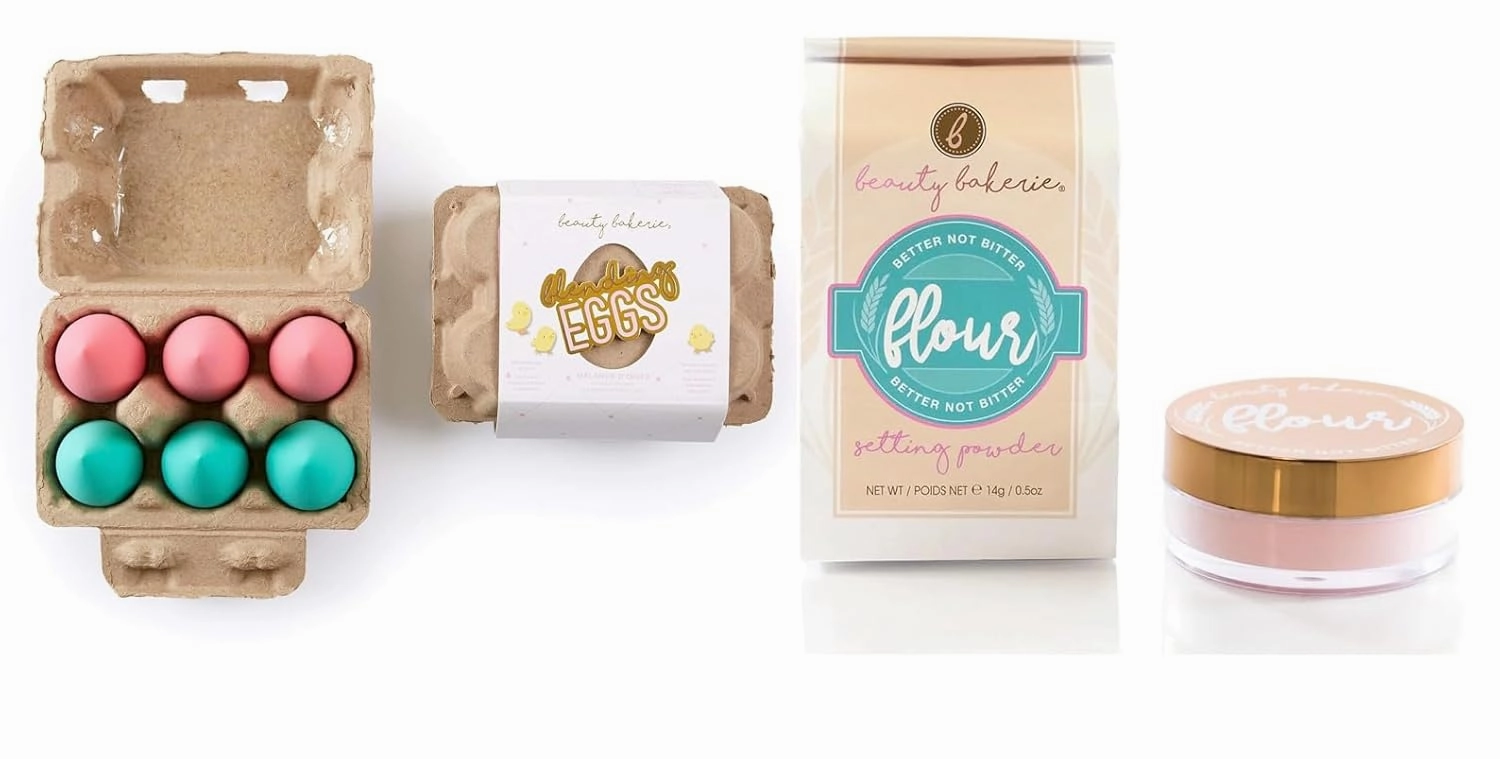 Beauty Bakerie Flour Setting Powder for Foundation, 0.5oz, Himalayan (Pink)   Blending Egg Beauty Sponge Cosmetic Face Blender Sponge Applicator, 6 Pack Set, Pink/Turquoise, 2 Pack Bundle