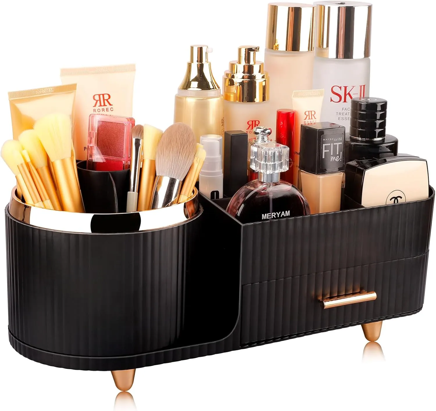 Beborxue 360° Rotating Makeup Organizer for Vanity with Drawers, Large Capacity Cosmetic Display Case, skincare organizer, Cosmetic Organizer for Lipstick, Skincare, Brushes, Eyeshadow, (Black)