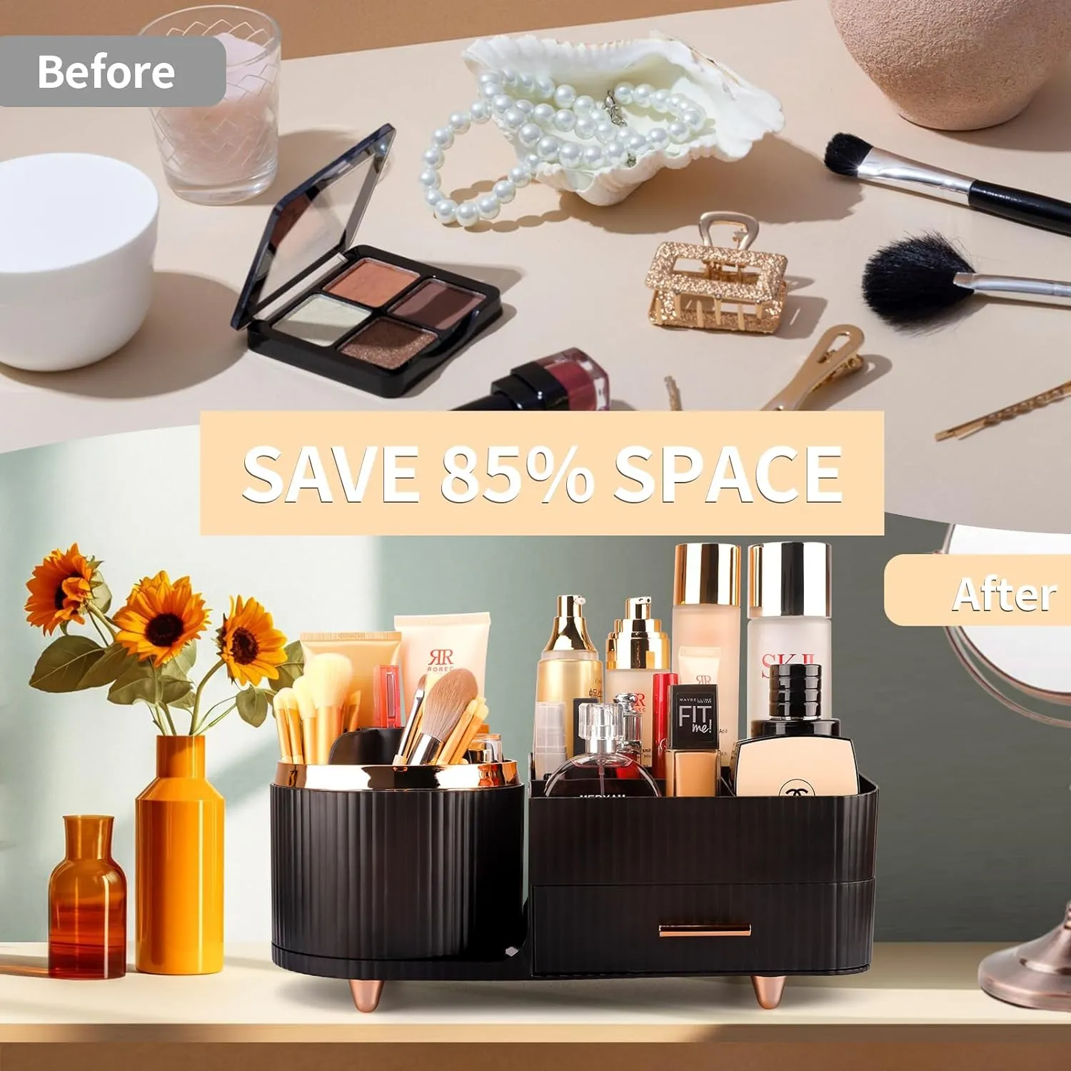 Beborxue 360° Rotating Makeup Organizer for Vanity with Drawers, Large Capacity Cosmetic Display Case, skincare organizer, Cosmetic Organizer for Lipstick, Skincare, Brushes, Eyeshadow, (Black)
