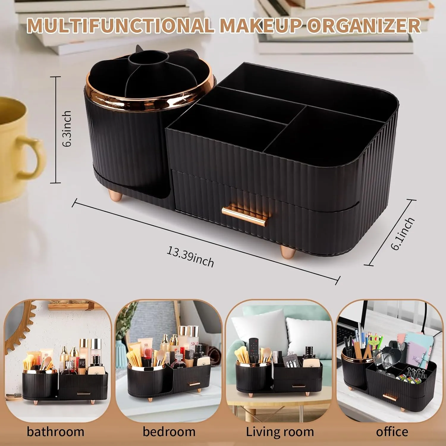 Beborxue 360° Rotating Makeup Organizer for Vanity with Drawers, Large Capacity Cosmetic Display Case, skincare organizer, Cosmetic Organizer for Lipstick, Skincare, Brushes, Eyeshadow, (Black)