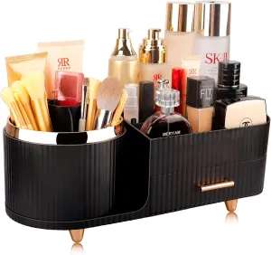 Beborxue 360° Rotating Makeup Organizer for Vanity with Drawers, Large Capacity Cosmetic Display Case, skincare organizer, Cosmetic Organizer for Lipstick, Skincare, Brushes, Eyeshadow, (Black)