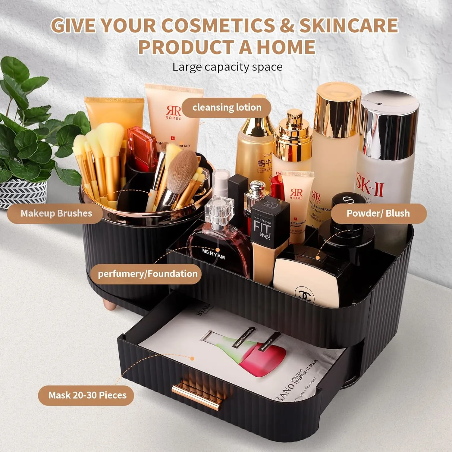 Beborxue 360° Rotating Makeup Organizer for Vanity with Drawers, Large Capacity Cosmetic Display Case, skincare organizer, Cosmetic Organizer for Lipstick, Skincare, Brushes, Eyeshadow, (Black)