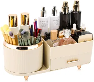 Beborxue 360° Rotating Makeup Organizer for Vanity with Drawers, Large Capacity Cosmetic Display Case, skincare organizer, Cosmetic Organizer for Lipstick, Skincare, Brushes, Eyeshadow, (Rice White)