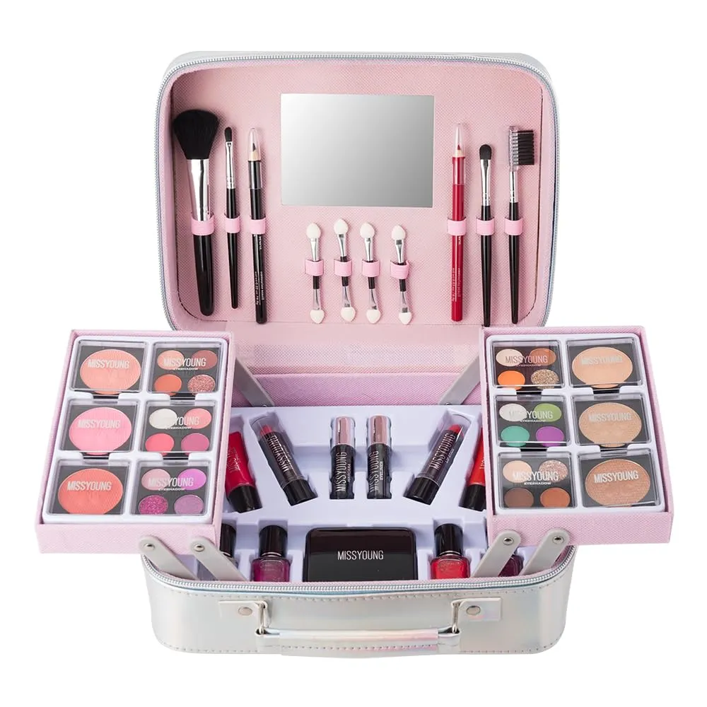 Beginner's Makeup Bag for Teenage Girls, Complete Set with Eyeshadow, Lipstick, Blush, Brushes, Lip Gloss, Mascara and Mirror Pink Complete Beginner's Cosmetic Set (Silver)