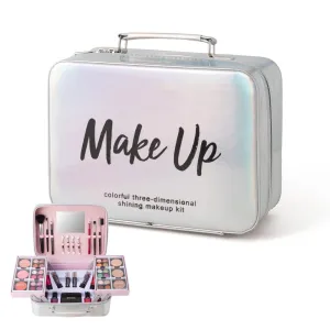 Beginner's Makeup Bag for Teenage Girls, Complete Set with Eyeshadow, Lipstick, Blush, Brushes, Lip Gloss, Mascara and Mirror Pink Complete Beginner's Cosmetic Set (Silver)
