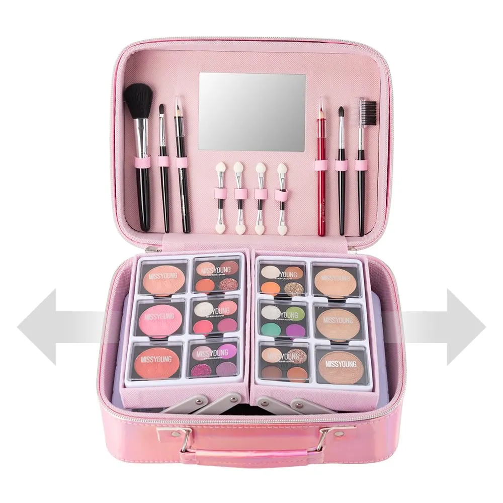 Beginner's Makeup Bag for Teenage Girls, Complete Set with Eyeshadow, Lipstick, Blush, Brushes, Lip Gloss, Mascara and Mirror Pink Complete Beginner's Cosmetic Set (Silver)