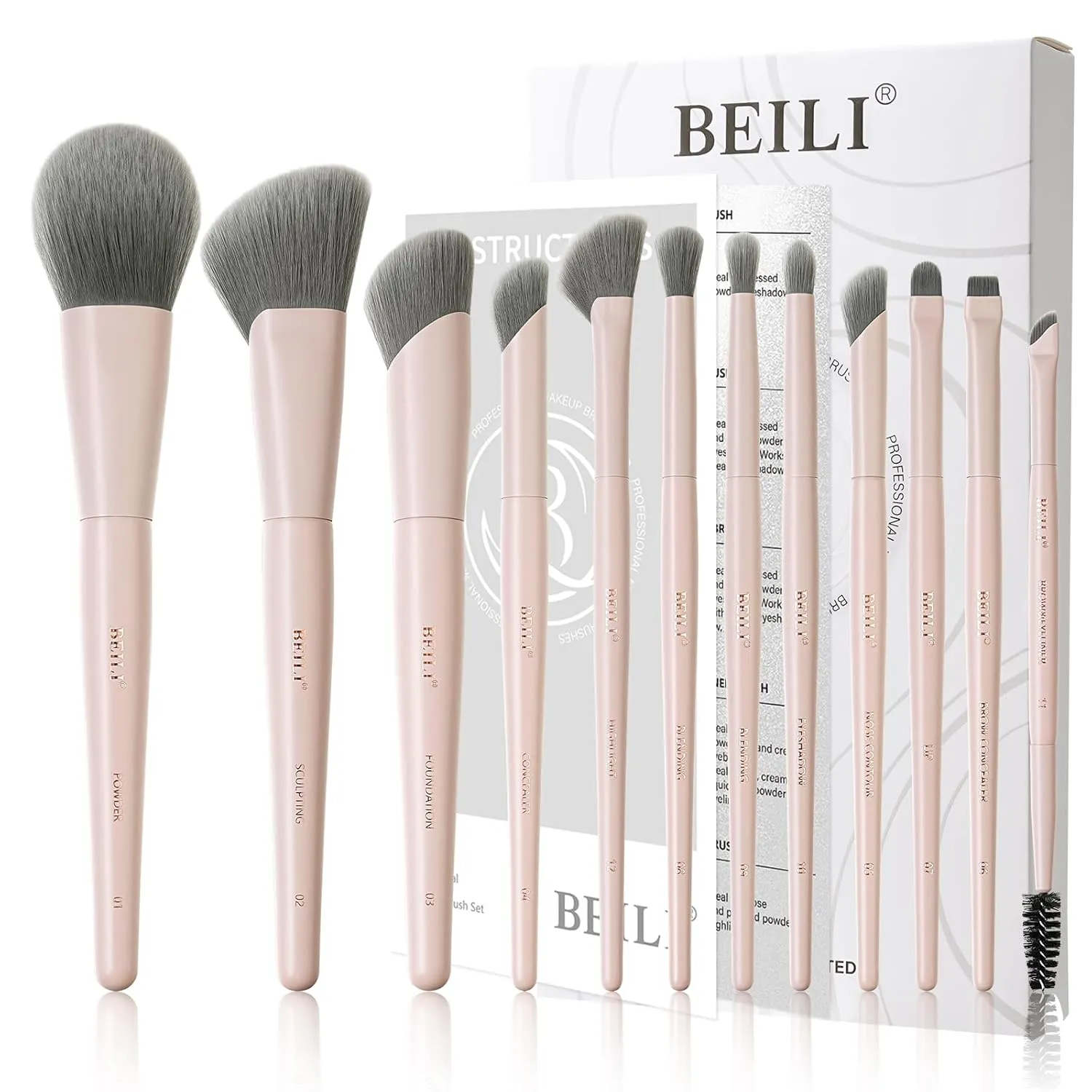 BEILI Makeup Brush Set, Pink Makeup Brush Set, 12 Vegan Makeup Brushes for Powder Foundation, Concealer, Eyebrows, Eyeshadow, Contour, Eyeliner, Blender Eye Brush