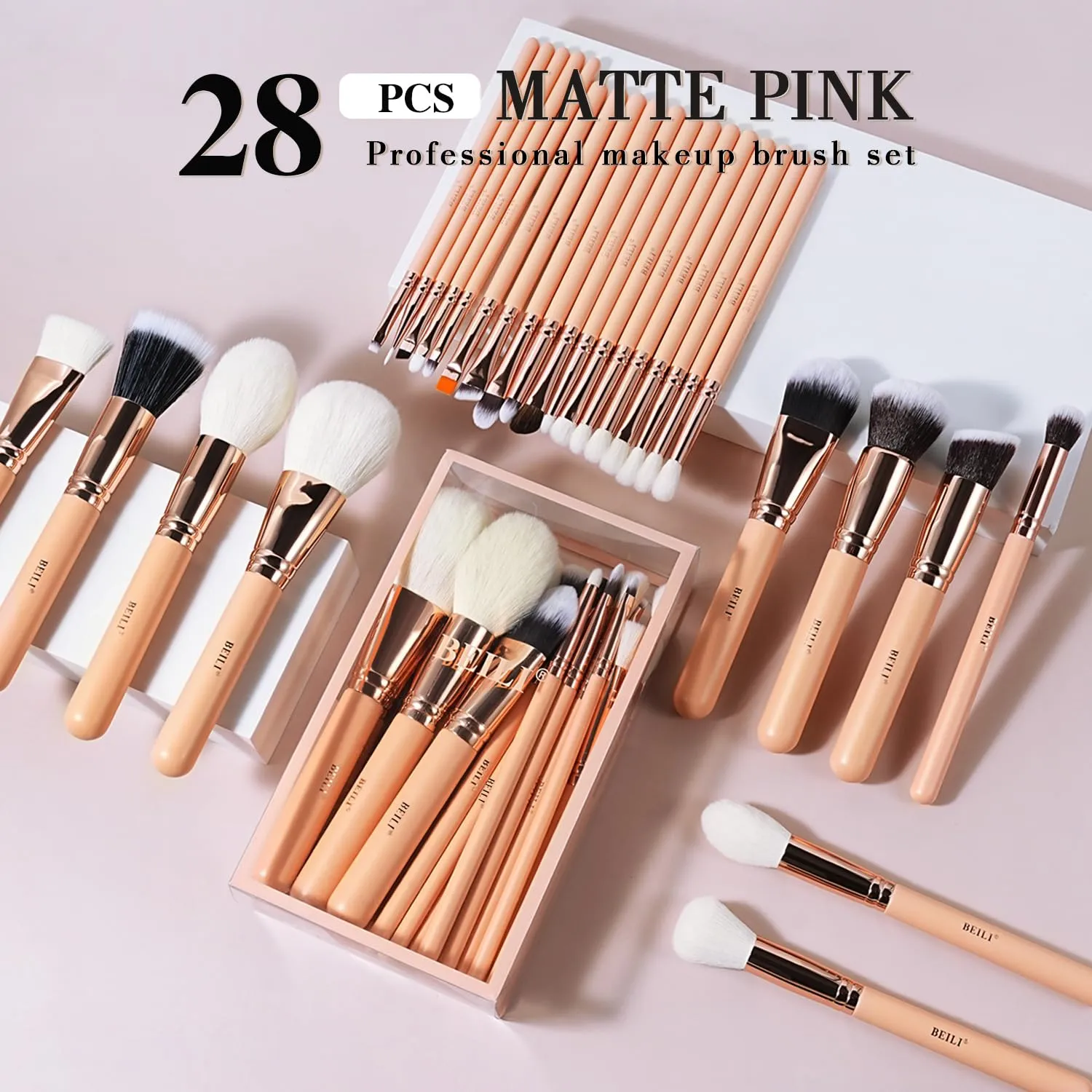 BEILI Makeup Brushes 28pcs Pink Makeup Brush Set Premium Goat Synthetic Kabuki Foundation Blending Brush Face Powder Blush Concealers Eye Shadows Make Up Brush Set(Pink/Rose Gold)