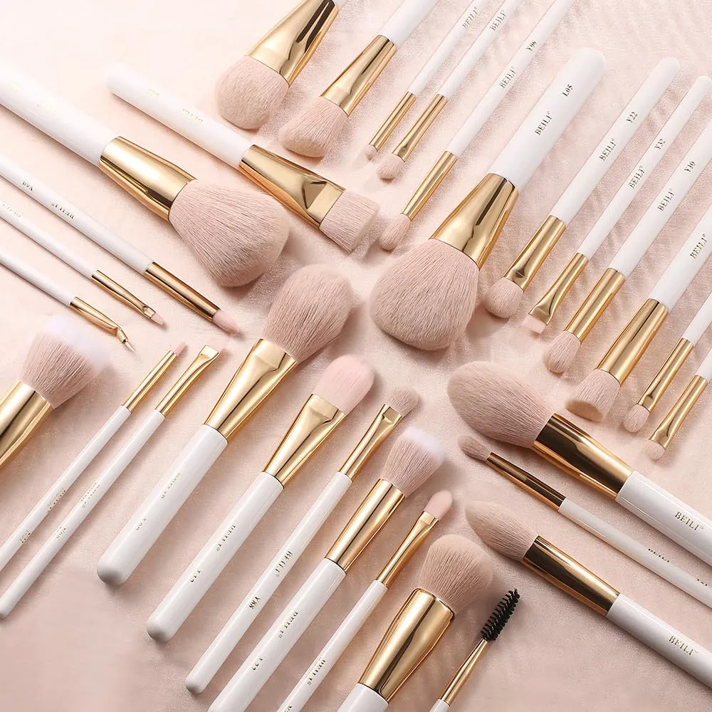 BEILI Makeup Brushes Set 30Pcs Professional Makeup Brush Premium Pink Vegan Synthetic Kabuki Foundation Blending Brush Face Powder Blush Concealers Eye Shadows Make Up Brush Set (White/Rose Golden)