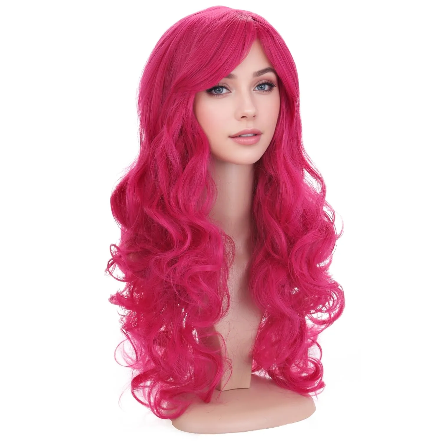 BERON Hot Pink Wig Long Wavy Rose Pink Wig with Bangs for Women Rose Red Wigs Synthetic Wigs with Cap