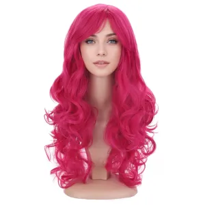 BERON Hot Pink Wig Long Wavy Rose Pink Wig with Bangs for Women Rose Red Wigs Synthetic Wigs with Cap