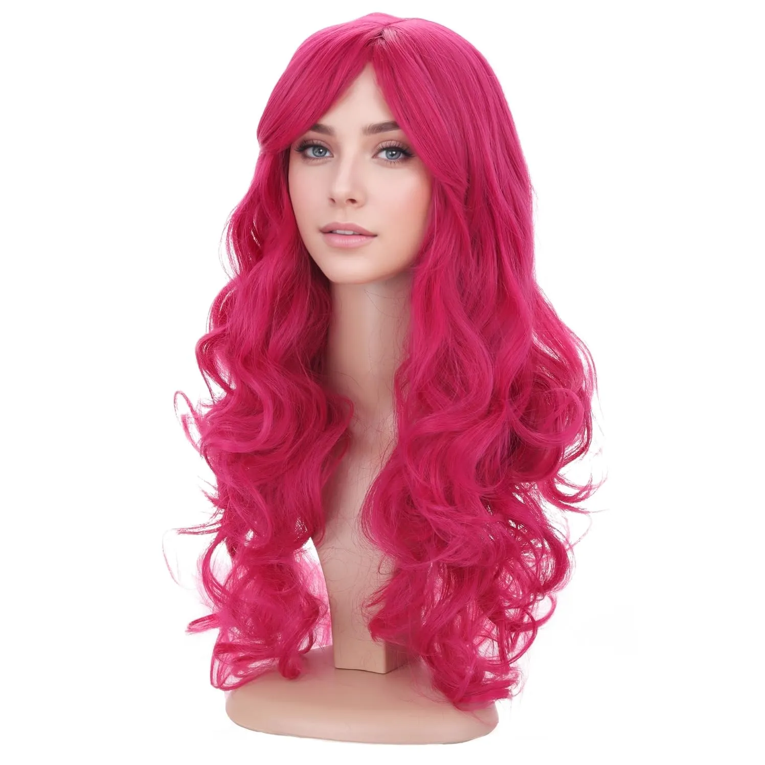 BERON Hot Pink Wig Long Wavy Rose Pink Wig with Bangs for Women Rose Red Wigs Synthetic Wigs with Cap