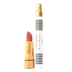 BESAME Portrait Peach Lipstick & 1950 Womens Perfume Set - Warm, Soft Nude, Pastel Color, Long-Lasting, Satin Finish - Retro Fragrance Bottle, White Floral & Vanilla Scent - 9mL Vintage Atomizer