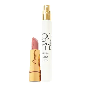 BESAME Portrait Pink Lipstick & 1960 Womens Perfume Set - Cool, Vivid, Pastel Pink Color, Long-Lasting, Satin Finish Lip-Stick. Retro Fragrance Bottle, Floral, Citrus, & Spice - 9mL Vintage Atomizer