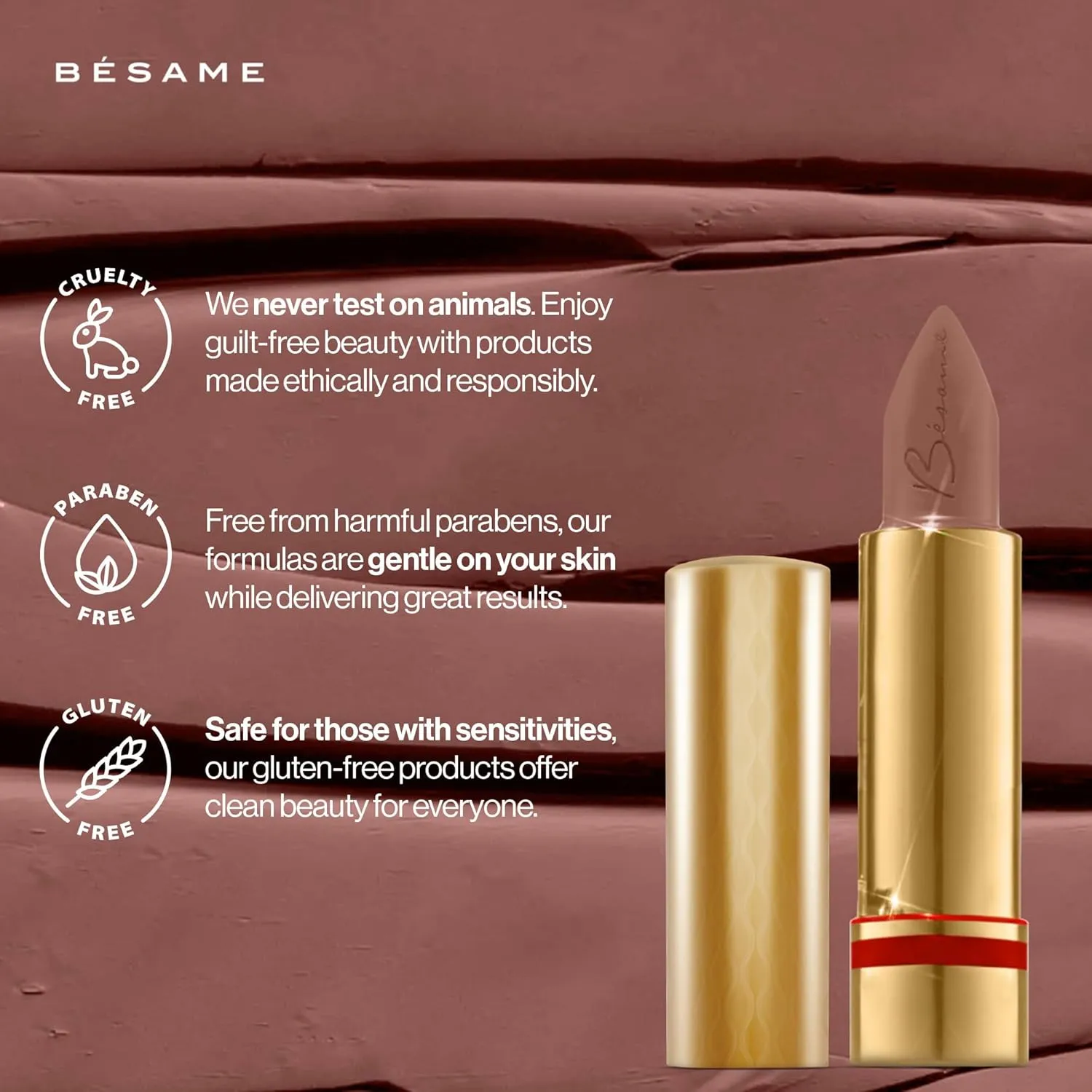 BESAME Wild Rose Lipstick - 1974, Soft Blush Pink Rose Mauve, Vintage-Inspired Satin Finish, Long-Lasting, Moisturizing with Vitamin E, Vegan, Gluten-Free, Cruelty-Free, Sheer or Full Coverage