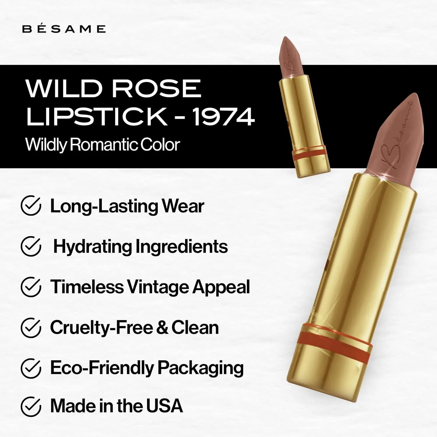 BESAME Wild Rose Lipstick - 1974, Soft Blush Pink Rose Mauve, Vintage-Inspired Satin Finish, Long-Lasting, Moisturizing with Vitamin E, Vegan, Gluten-Free, Cruelty-Free, Sheer or Full Coverage