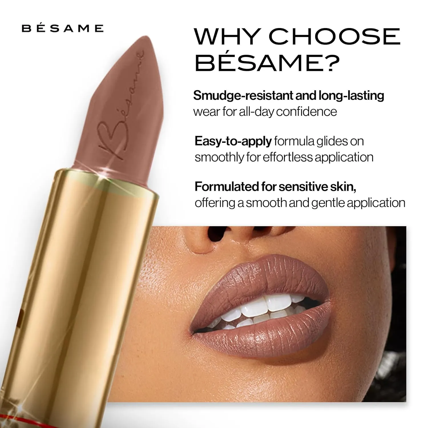 BESAME Wild Rose Lipstick - 1974, Soft Blush Pink Rose Mauve, Vintage-Inspired Satin Finish, Long-Lasting, Moisturizing with Vitamin E, Vegan, Gluten-Free, Cruelty-Free, Sheer or Full Coverage