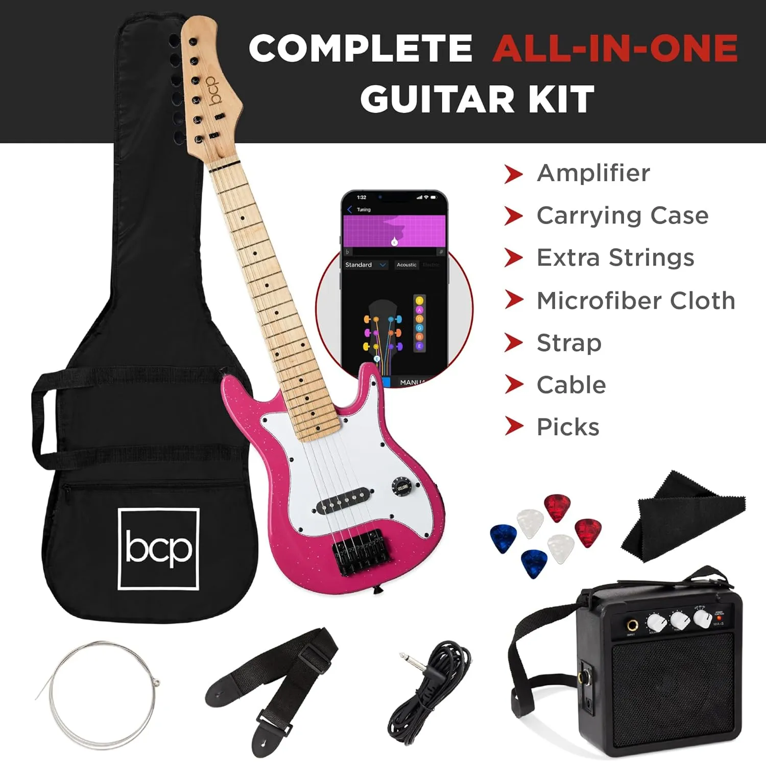 Best Choice Products 30in Kids Electric Guitar Beginner Starter Kit w/ 5W Amplifier, Strap, Gig Bag, Strings, Picks - Pink Sparkle