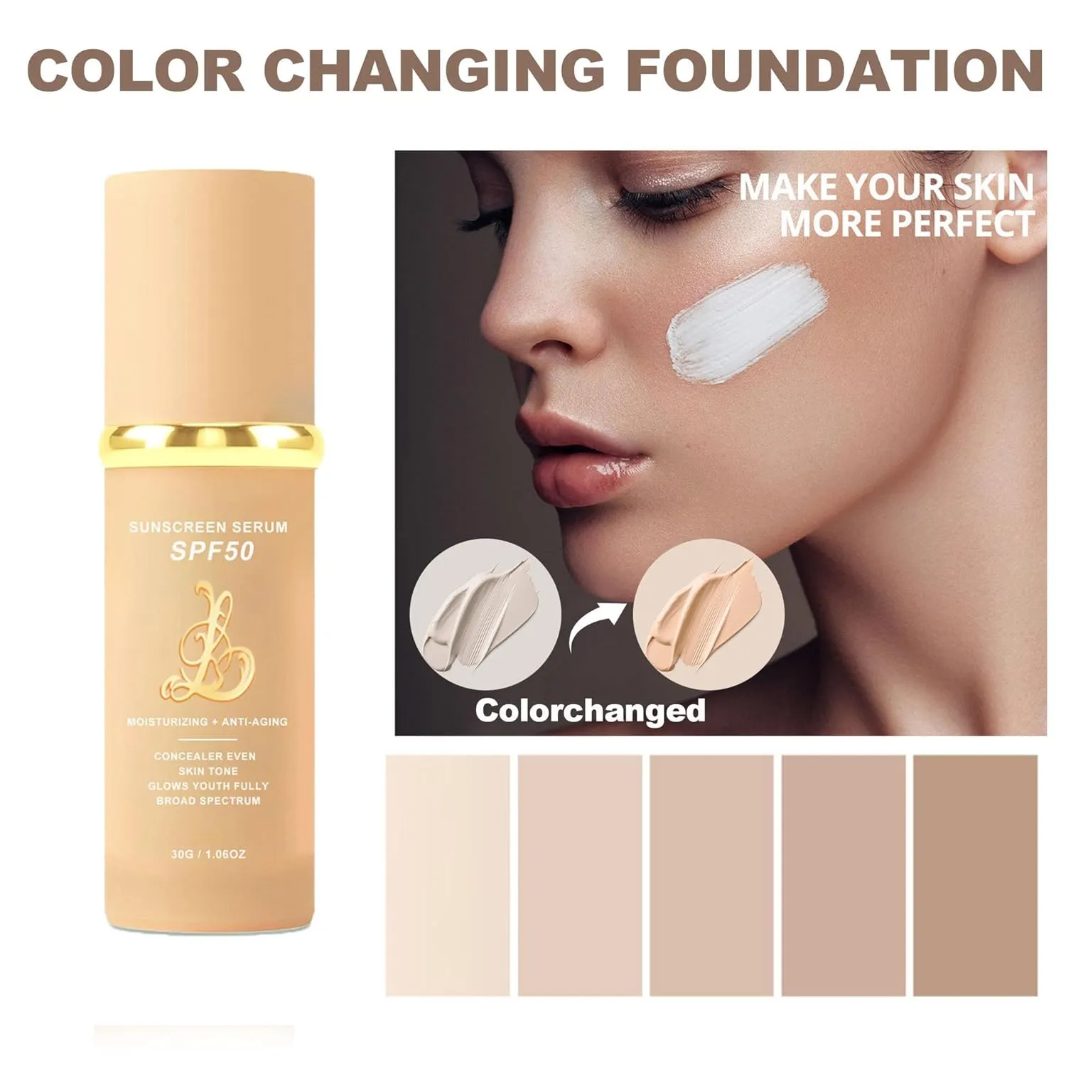 Biological Match 4-in-1 Foundation - Light/Medium Spectrum, Mature Skin Color Changed, Protect from Sun SPF 50  Concealers Waterproof (Light, 1 Ounce)