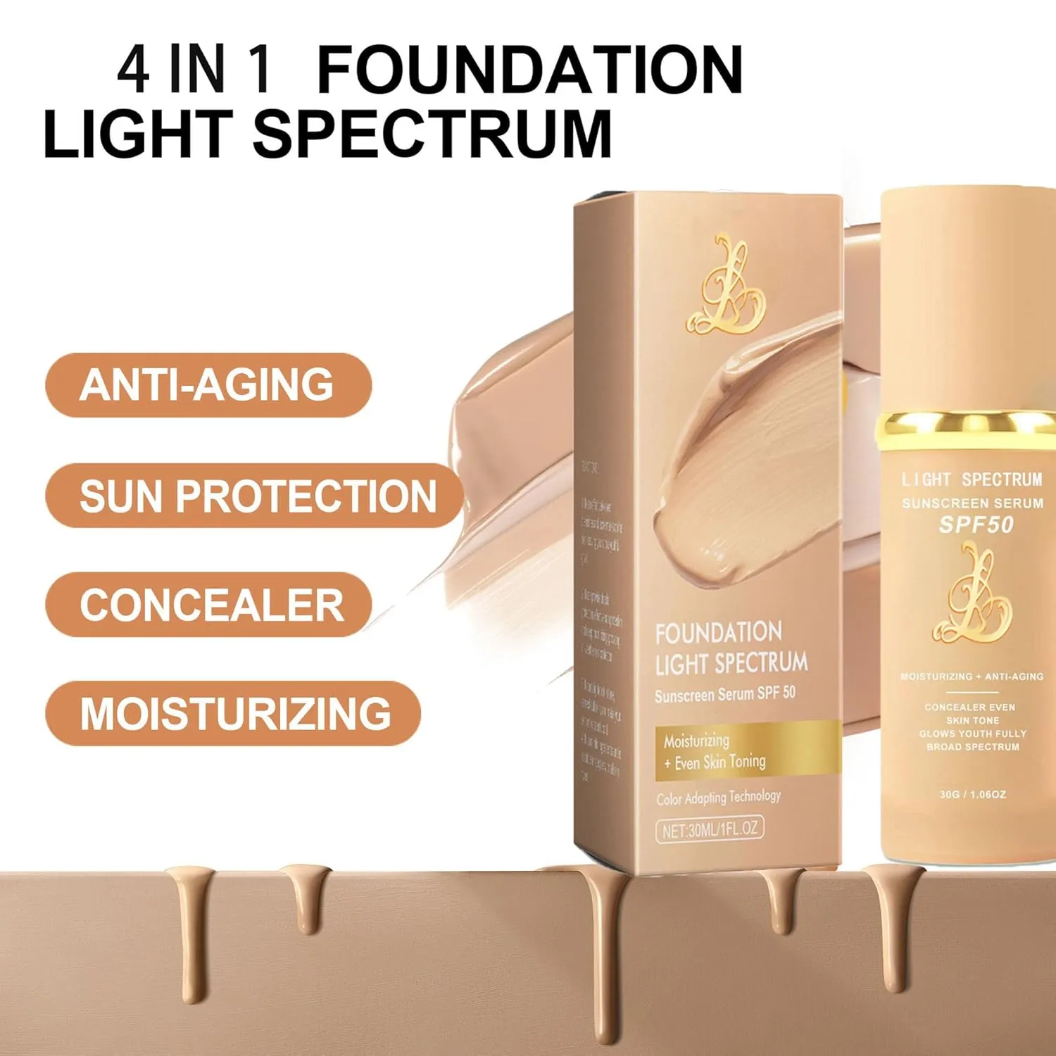 Biological Match 4-in-1 Foundation - Light/Medium Spectrum, Mature Skin Color Changed, Protect from Sun SPF 50  Concealers Waterproof (Light, 1 Ounce)