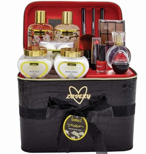 Birthday Gifts For Women, Premium Bath and Body Gift Basket For Women – 30pc Set, Jasmine Home Spa & Makeup Set - Cosmetic Pencils, Lip Balm, Lotion, Perfume, Rose Gold Leather Cosmetic Bag & More