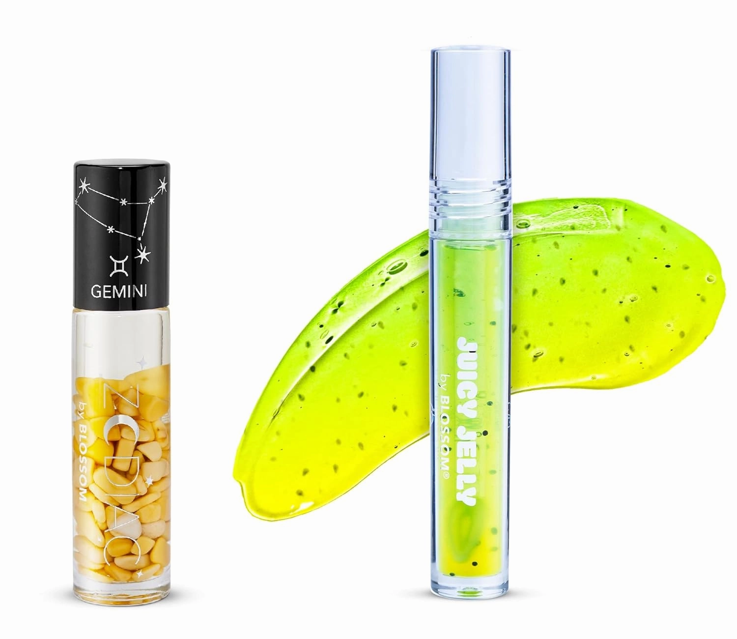 Blossom Juicy Jelly Moisturizing Lip Care Fruit Flavored Nourishing Lip Oil   Zodiac Sign Vanilla Scented Roll On Lip Gloss with Crystals, 2 Pack Bundle, Pineapple/Gemini